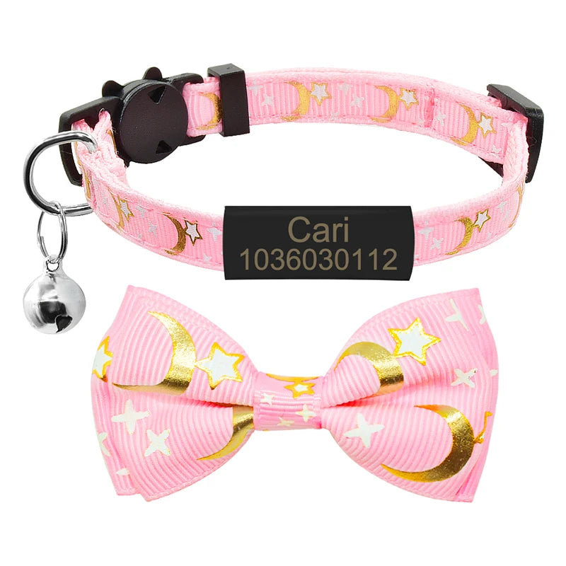 Silver ID Tag Star & Moon Cat Collar