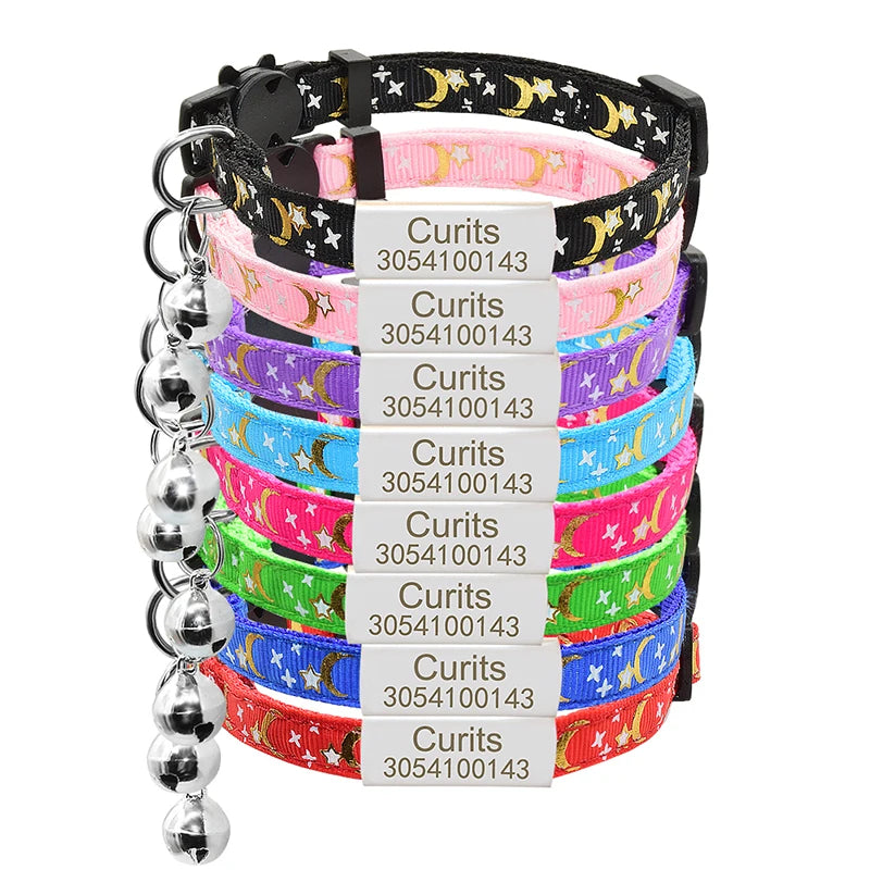 Silver ID Tag Star & Moon Cat Collar