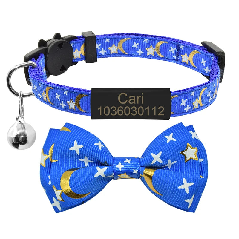 Silver ID Tag Star & Moon Cat Collar